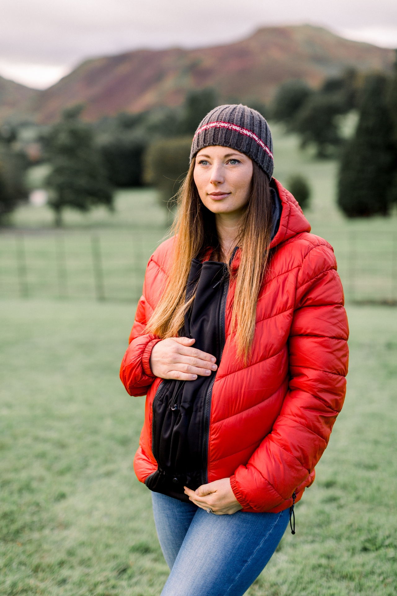 Maternity expander panel in red puffer jacket